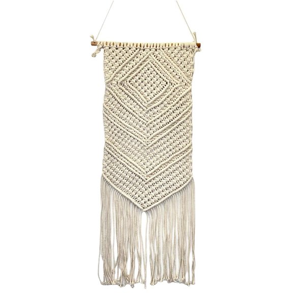 Macrame Wall Hanging Art Woven Boho Geometric Home Decor Tan Cream - Picture 1 of 9